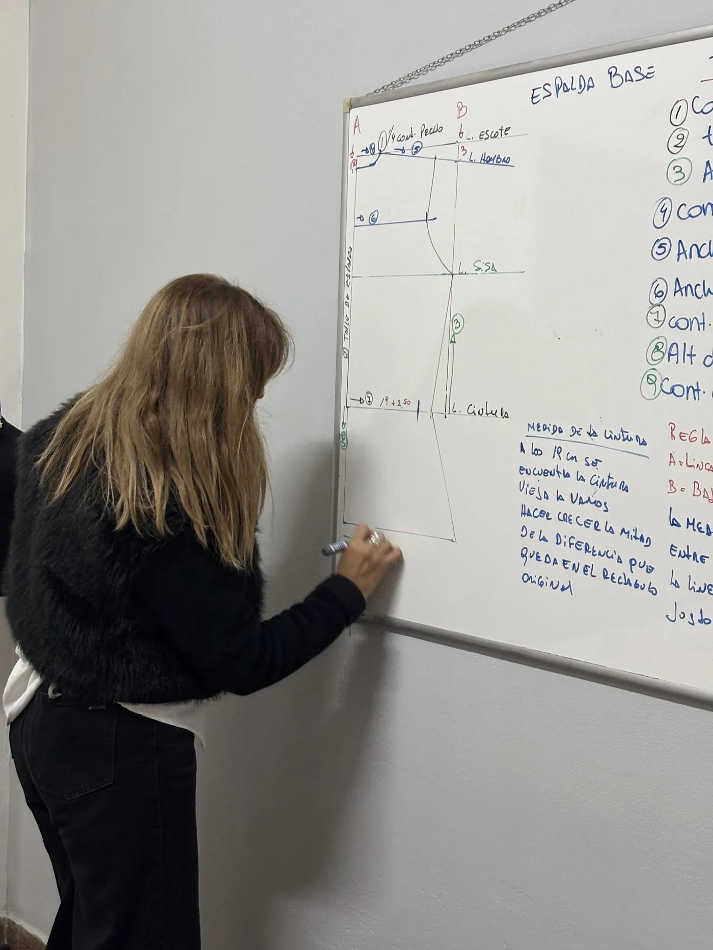 Gabriela Castro Torres explicando moldería en el pizarrón